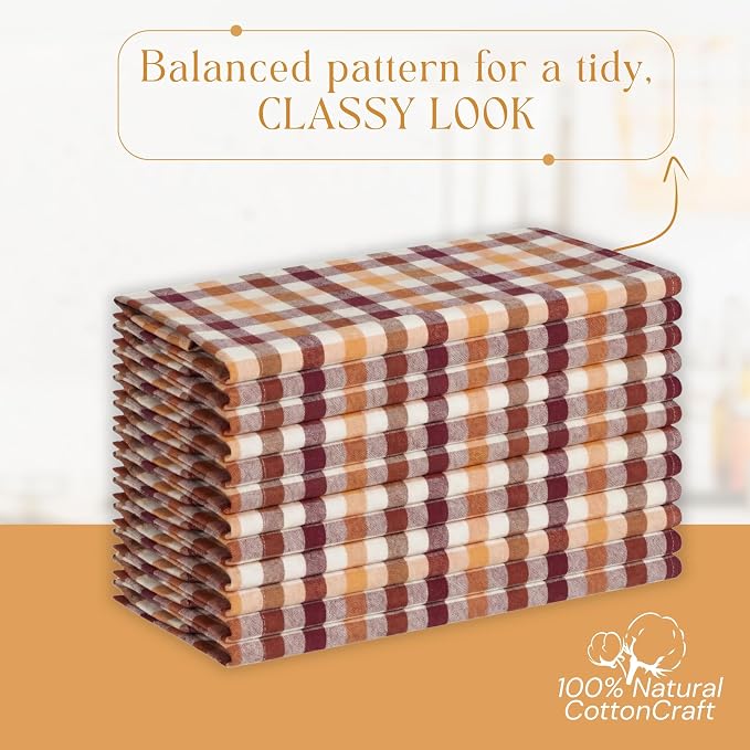 Multicolor Check Kitchen Towels 12 Pack, 100% Cotton Tea Towels, 18"x26" Quick Dry Dish Cloths for Drying Dishes, Reusable, Absorbent - Burgundy Wine, Brown, Mustard Yellow, Natural