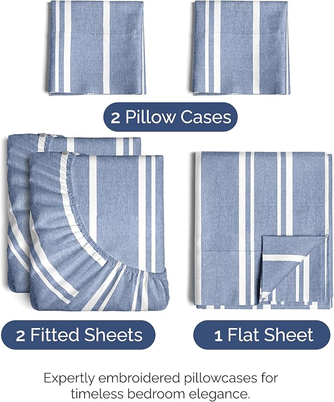 Split King Size 5 Piece Sheet Set - Comfy Breathable & Cooling Sheets - Hotel Luxury Bed Sheets for Women & Men - Deep Pockets, Easy-Fit, Soft & Wrinkle Free Sheets - Blue Stripes Oeko-Tex Bed Sheets