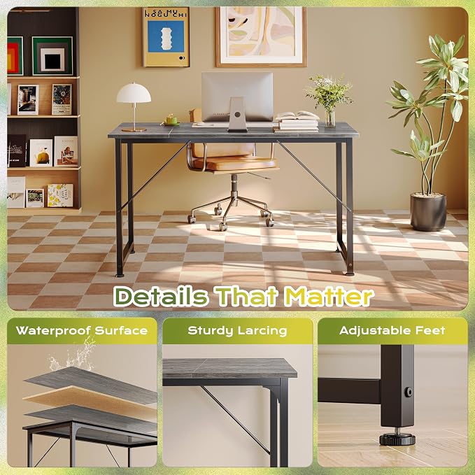 PRAISUN 47 Inch Computer Desk, Home Office Desk with Spacious Desktop, Modern Gaming Desk, Writing Study Table for Bedroom, Small Spaces, Work from Home Desk with Metal Frame, Grey