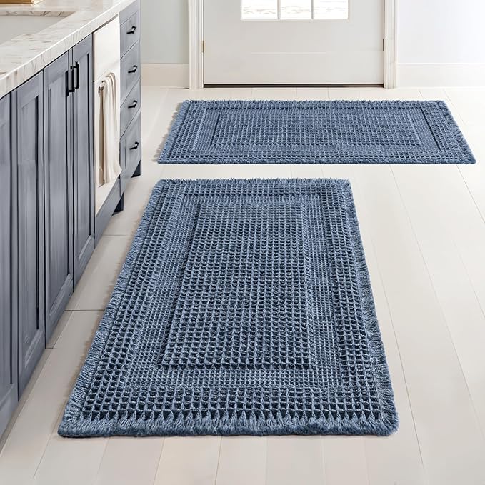 MIULEE Set of 2 Waffle Bathroom Rugs, Boho Bath Rug Super Absorbent, Non Slip Washable Ultra Soft Rubber Backed Shower Bath Mats for Floor, Tub, Shower, Looped Design, Blue, 24x36 Inch