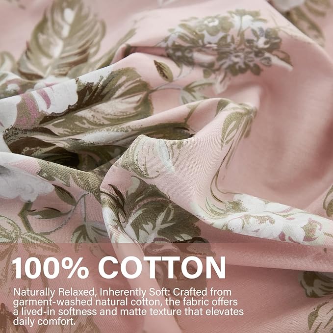 Floral Duvet Cover Queen Size Soft 100% Nature Cotton Vintage Style Pink Bedding Set with Zipper Closure 3 Pcs Cottagecore Botanical Duvet Cover, Ultra Soft, Breathable