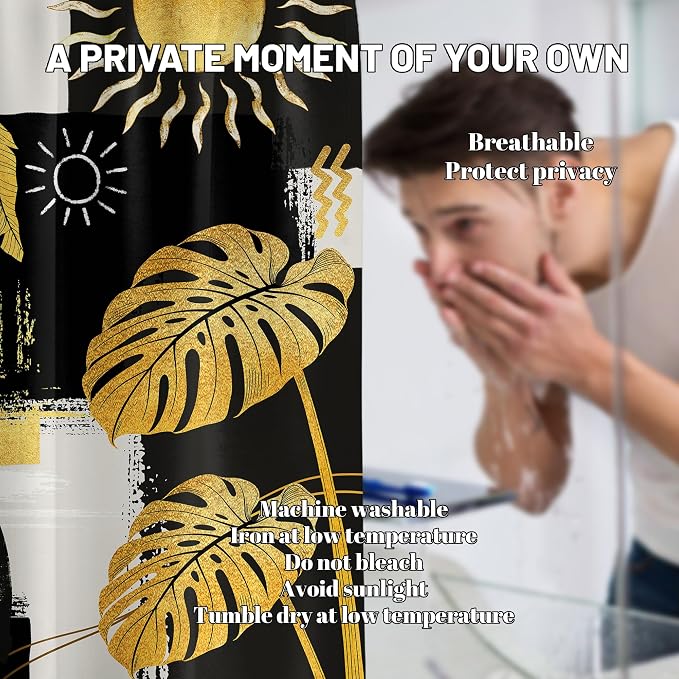 Black and Gold Mid Century Modern Shower Curtain Bohemian Abstract Dark Mens Shower Curtains for Bathroom Decor Sets, Waterproof Cloth Fabric with Hooks, 60x72 Inch
