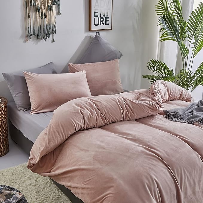 Pureant Pink Velvet Comforter Sets Full Women Girls Blush Pink Fluffy Bedding Comforters Adults Teens Cute Winter Quilts Solid Light Red Flannel Quilt Micromink Sherpa Plush Bed