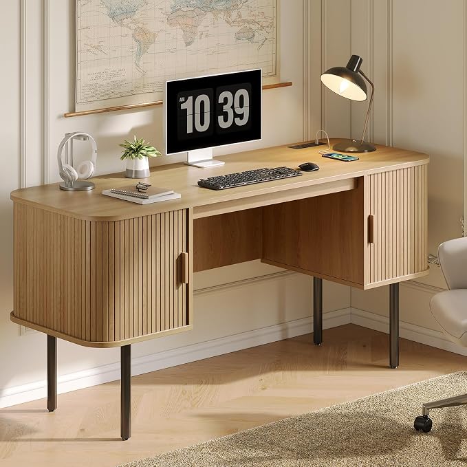 ONBRILL 63 Inch Fluted Computer Desk with Charging Station, Mid Century Executive Desk with 2 Storage Cabinets, Modern Home Office Large Desk with Metal Legs for Working, Studying, Writing, Oak