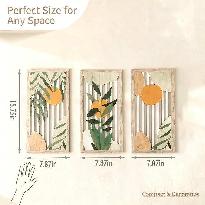 Boho Wall Art for Living Room - 3Pcs Botanical Wood Wall Decor, Minimalist Sun & Plant Design, Rustic Bohemian Hanging Art for Women, Homeowners, Renters, Bedroom, Bathroom, Office, Housewarming Gift