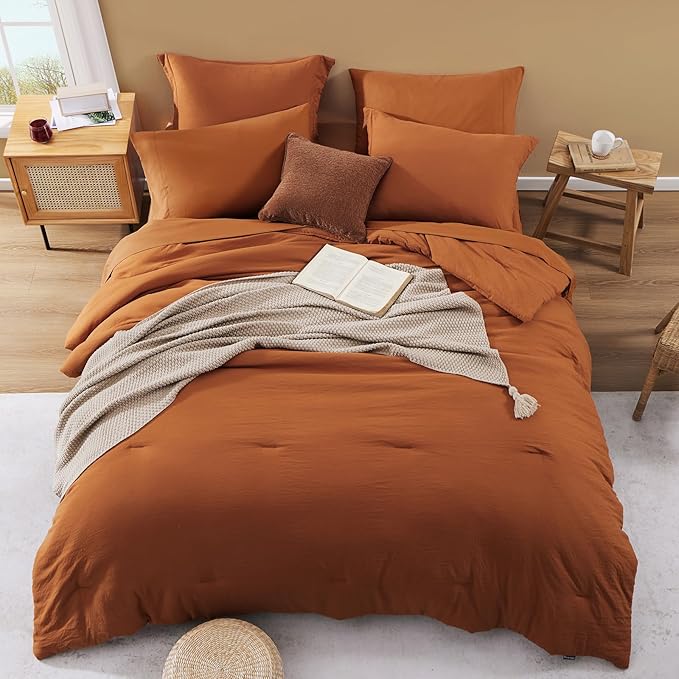WRENSONGE Queen Comforter Set- 7 Pieces Soft Burnt Orange Bed in a Bag with Fitted Sheet, Flat Sheet, 2 Shams, and 2 Pillowcases-Warm Bed Sets Fall Comforter for All Seasons