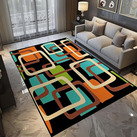 Mid Century Modern Rug, Colorful Abstract Geometric Area Rug, Retro Atomic Starburst Rugs, Washable Non-Slip Soft Low Pile 1950s Carpet for Living Room, Bedroom (7' x 11'(Rectangular))