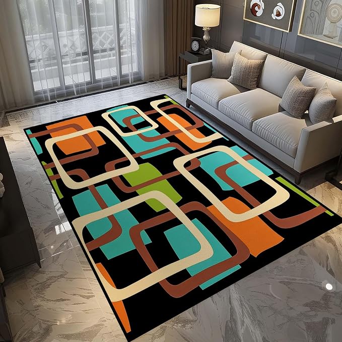 Mid Century Modern Rug, Colorful Abstract Geometric Area Rug, Retro Atomic Starburst Rugs, Washable Non-Slip Soft Low Pile 1950s Carpet for Living Room, Bedroom (8' x 12'(Rectangular))