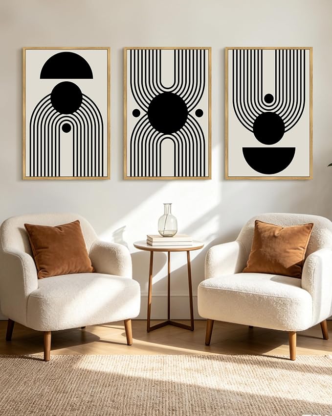 KUVIOKE Black Abstract Framed Wall Art Minimalist Geometry Lines Painting Artwork for Living Room Bedroom 24x36in (Natural Framed)