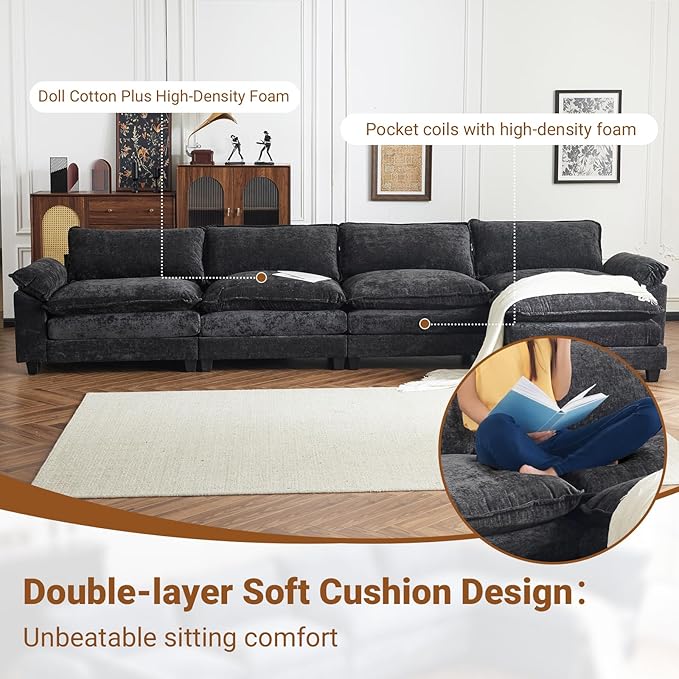 VINGLI 157" Cloud Black Convertible Sectional Sofa, Comfy L-Shape Extra Deep Seat Sofa Couch for Living Room,Modern Chenille 4-Seat Convertible Sofa with Movable Ottoman for Small Space
