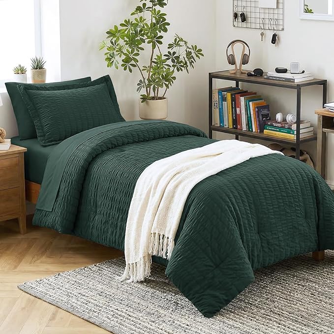 CozyLux Twin XL Comforter Set Forest Green, 5 Pieces Seersucker Twin Extra Long Bed in a Bag, College Dorm Down Alternative Bedding Set with Comforter, Sheets, Pillowcase & Sham, Back to School Gift