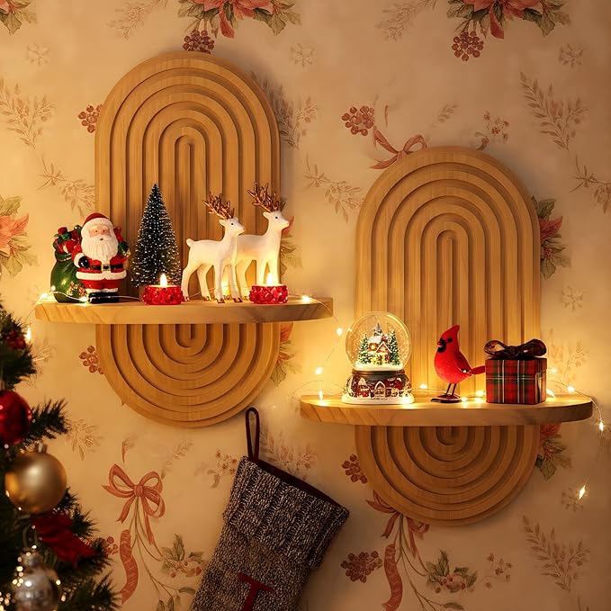 Set of 2 Boho Arched Floating Shelves 15.7”x 7.8”3D Wooden Hanging Shelf for Living Room Bedroom Nursery Mid Century Modern Wall Decor(Brown, 11.7 * 15.7)