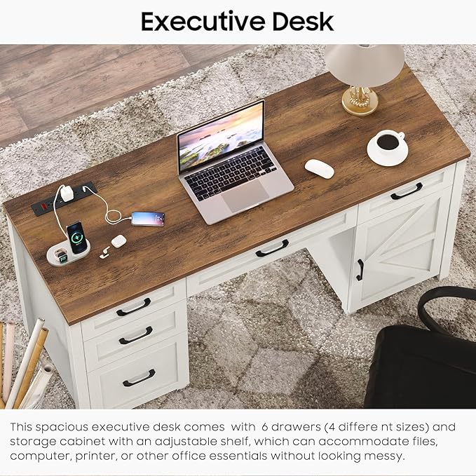 Vabches Farmhouse 61'' Executive Desk with 5 Drawers, Rustic Office Desk Computer Desk with Charging Station, File Drawers and Storage Cabinet, Wood Workstation for Home Office and Study.(Brown Top)