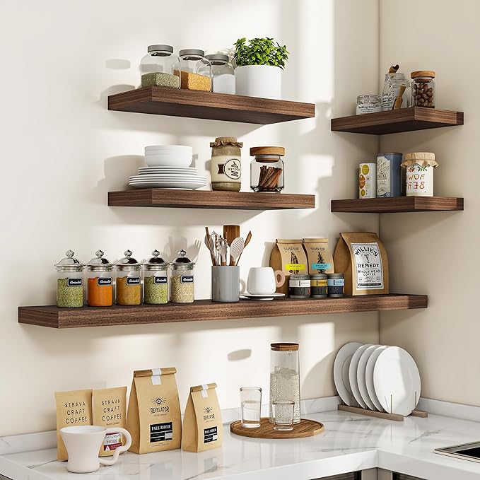 16 Inch Floating Shelves, 16"x9.25"x1.5" Inch Deep Floating Shelves for Wall, Wooden Shelves for Bathroom, Bedroom, Living Room, Walnut, 2 Pieces