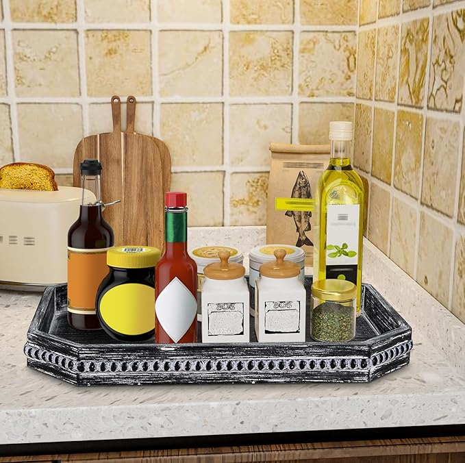 MAONAME Wood Serving Tray, Farmhouse Wooden Tray for Coffee Table, Octagonal Beaded Trays, Vintage Black Decorative Trays for Living Room, Kitchen, 15.7" X 10.2" X 1.6"