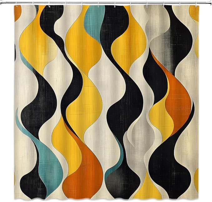 Mid Century Shower Curtain Boho Minimalist Modern Abstract Aesthetic Geometric Striped Atomic Retro Earthy Fabric Bathroom Decor Set with Hooks(70" WX70 H)