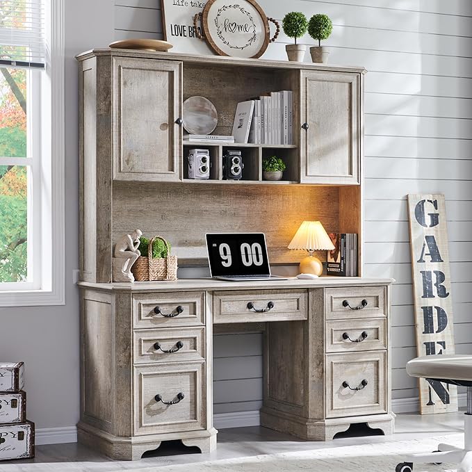 T4TREAM 59" Farmhouse Executive Desk with Hutch,Wood Home Office Computer Desk, Featuring Keyboard Tray,Charging Station,File Drawer, Storage Cabinet,for Work and Study (Light Rustic Oak)