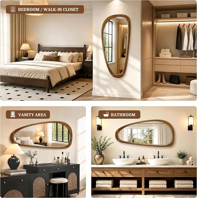 Asymmetrical Mirror, 48"x22" Irregular Mirror Full Length, Wood Wall Mirror for Bathroom Bedroom Living Room Entryway Hallway, Mid Century Modern Decor (Natural Wood)