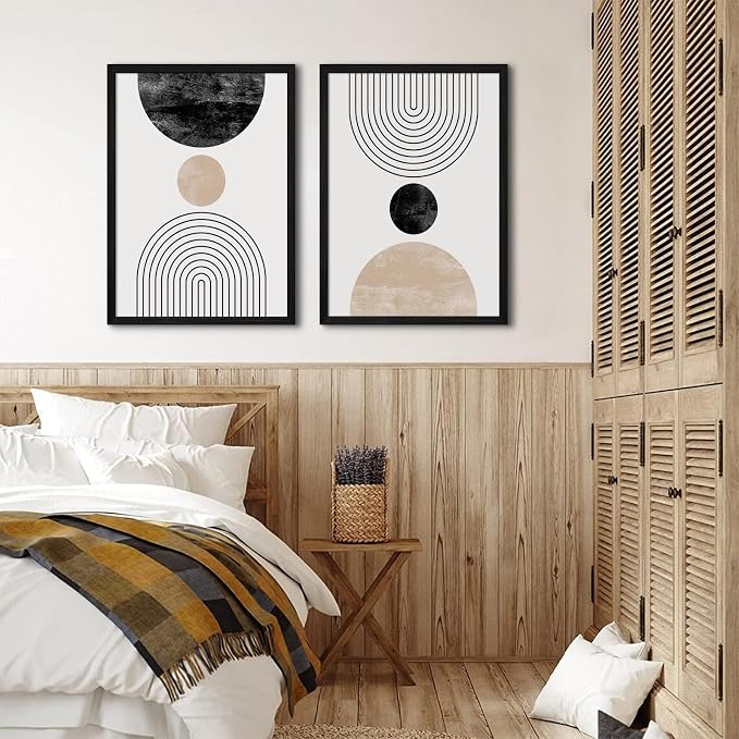 Mid Century Modern Wall Art Prints Set of 2 Neutral Abstract Geometric Wall Art Boho Canvas Prints Mid Century Eoind Wall Decor Modern Abstract Pictures Artwork for Home Room 16x24 Inch Black Framed