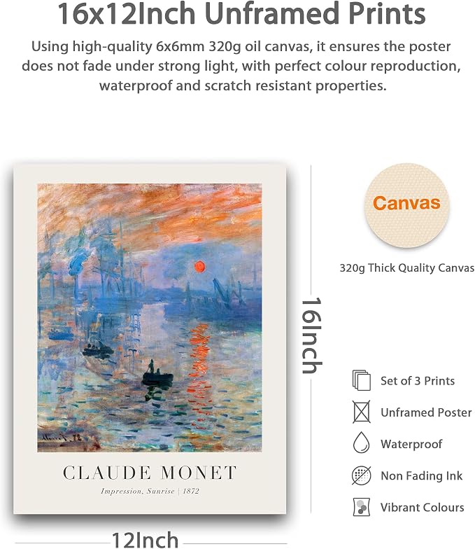 HesenDot Unframed Claude Monet Wall Art Set of 3,12x16in Water Lilies Impressionist Canvas Prints,Abstract Posters Decor,Minimalist Modern Artwork for Living Room Bedroom Office Home, Unframed