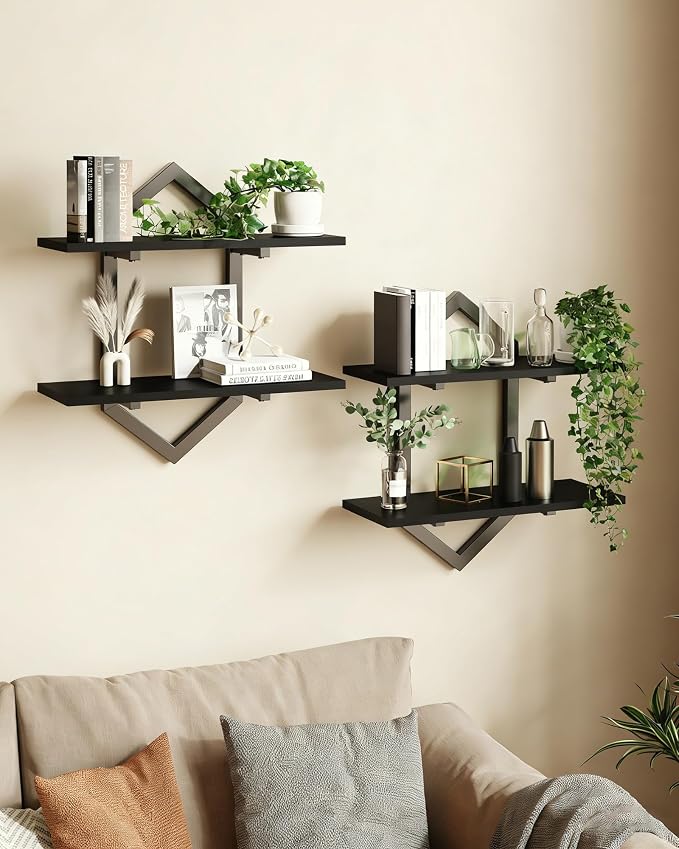 Floating Shelves, Set of 2 Wall Shelf, Wall Mounted Decorative Shelves, 2-Tier Modern Geometric Hanging Storage Shelf for Living Room, Bedroom, Kitchen, Office, Study (Black)
