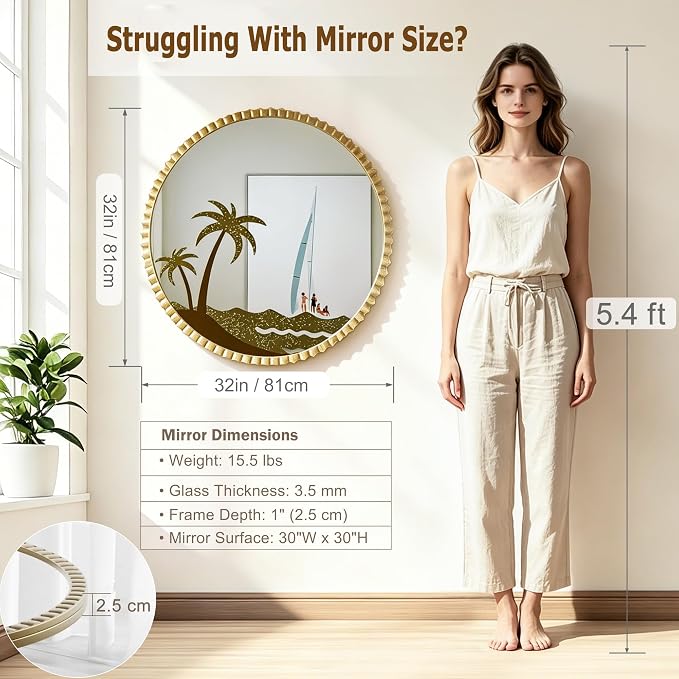 Gold Round Mirror with Palm Tree for Wall 32" | Large Metal Frame, Modern Coastal Tropical Decorative, for Living Room, Entryway, Bathroom Vanity