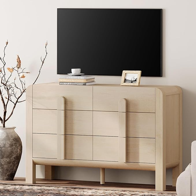 WAMPAT 47.2" W Buffet Cabinet with 6 Drawers, Modern Sideboard Buffet Cabinet with Storage, Buffet Table Coffee Bar Wine Bar Storage Cabinet for Dining Room, Living Room, Hallway, Light Oak