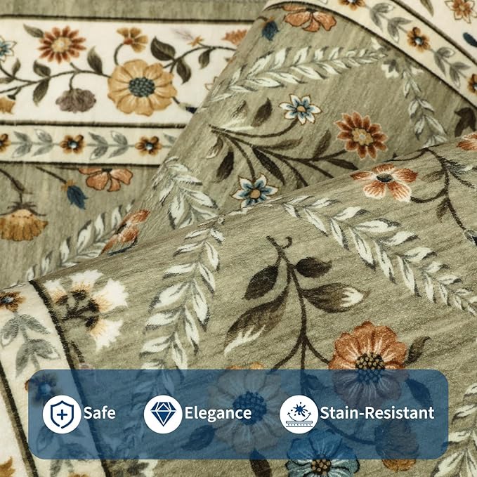 GarveeHome Runner Rug for Hallway Entryway 2.5x8 Farmhouse Floral Non-Slip Machine Washable Kitchen Rug Runner Non-Shedding Low-Pile Soft Long Carpet for Entrance Laundry Room Green