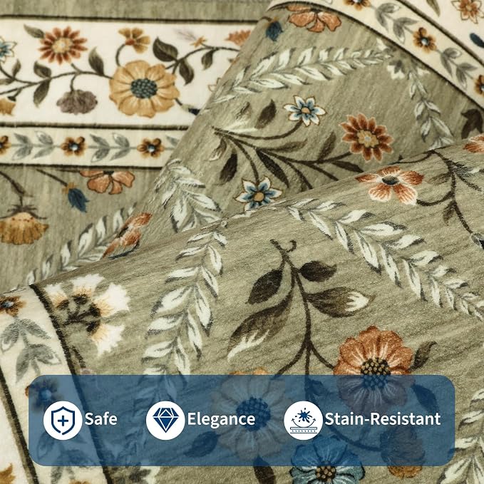 GarveeHome Floral 9x12 Area Rugs for Living Room Bedroom, Soft Washable Rugs 9x12 Stain Resistant, Ultra-Thin Non-Slip Dining Room Rug Non-Shedding Accent Carpet for Office Green