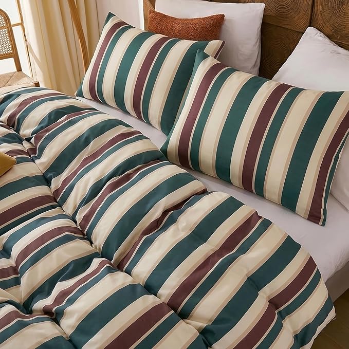 Merryword 100% Cotton Duvet Cover Set Queen Size - Vintage Green Cabana Striped Bedding Set with Zipper & Corner Ties, 3-Piece Luxury & Silky Soft Bedding Set for All Seasons