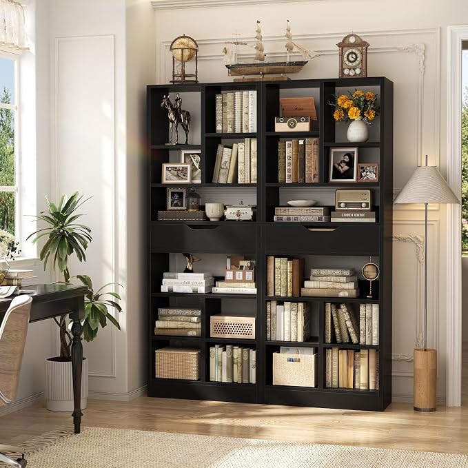 Armocity 8-Tier Tall Bookshelf with Drawer, 73.6" Narrow Freestanding Bookcase, Space-Saving Wood Display Shelves Storage for Living Room, Home Office Bedroom, Black