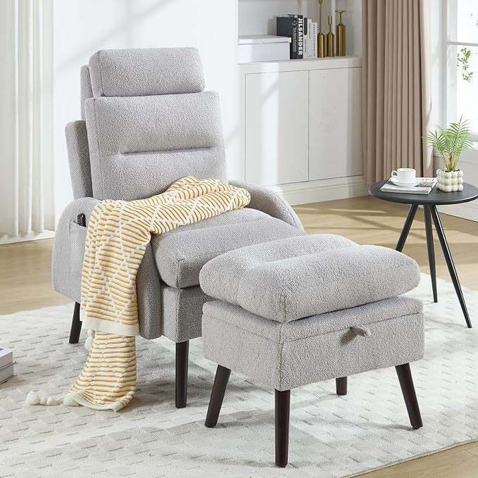 HCHAIRH Accent Chair with Ottoman Set, Comfy Teddy Reading Chair and Ottoman, Modern Oversized Lounge Armchair with Adjustable Backrest for Living Room Bedroom, Light Grey