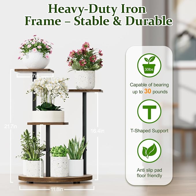 3 Tier Wood Plant Stand Indoor Outdoor, Wood Tall Plant Rack, Heavy Duty Wrought Iron Flower Pot Stand, Planter Display Rack for Living Room Balcony Garden Patio - BlackSquare