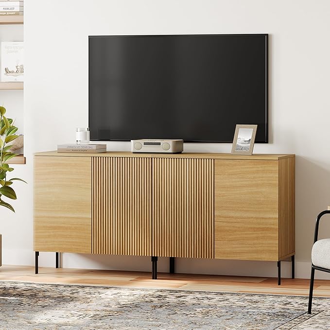 WAMPAT 63" Sideboard Buffet Cabinet with 4 Doors and Adjustable Shelves, Fluted Storage Cabinet, Modern Credenza Coffee Bar Wine Bar Table for Kitchen, Dining Room, Living Room,Oak