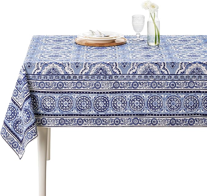 Maison d' Hermine Table Cloth Rectangle Table 100% Cotton 60 x 90 Inches Tablecloth Reusable Decorative for Dining Room Farmhouse Home Valentines Day Decorations Spring Summer - Melodie Bleue