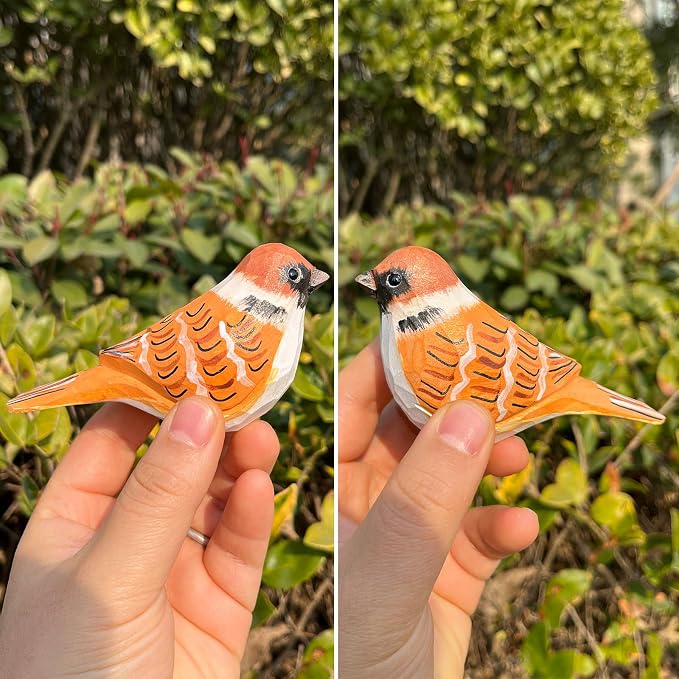 H&Zebrabro Hand Carved Bird Figurines, Hand-Painted Sculpted Wooden Birds, Wood Bird Sculptures for Home Decoration, Hand Crafted Life Like Bird Statues, Ideal Gifts for Bird Lovers (Sparrow)