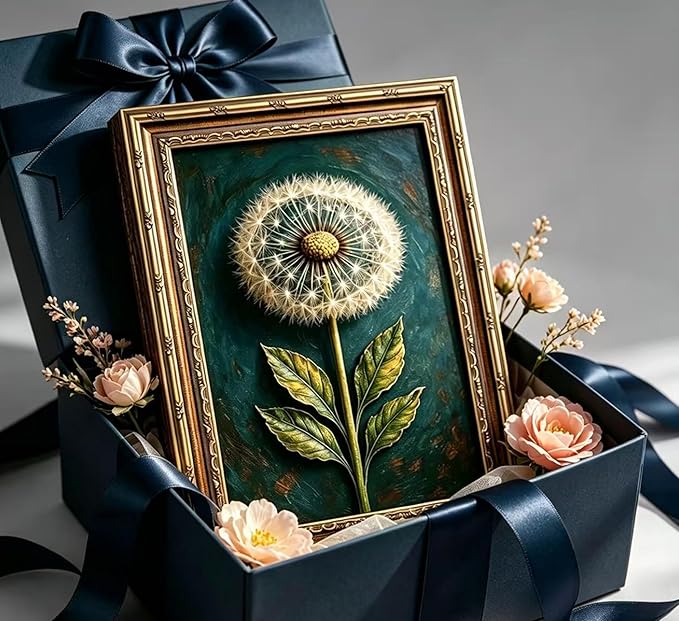 Vintage Gold Framed Dandelion Canvas Wall Art, Teal Background Botanical Oil Painting Print, Retro Moody Botanical Picture Poster， Country Farmhouse Wall Decor，for Home Living Room Bedroom，9x11in