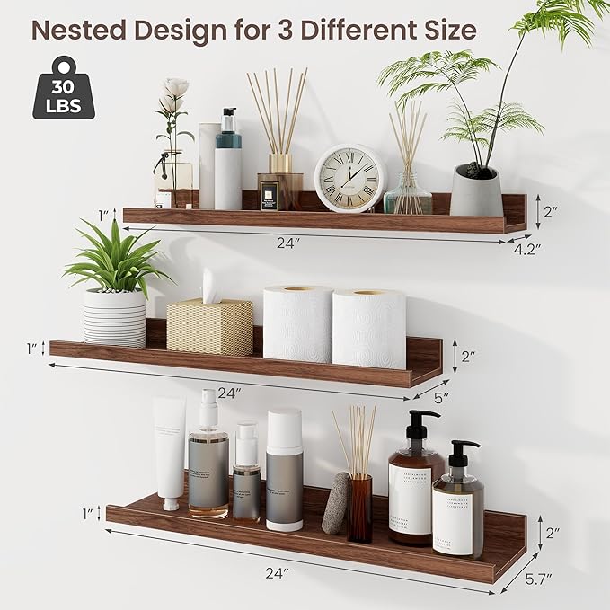 Axeman Picture Ledge Shelf | 24 Inch Walnut Floating Shelves Set of 3 | Rustic Wood Wall Shelves with Lip | 24" Walnut Picture Shelf for Wall with Ledge | Photo Shelves