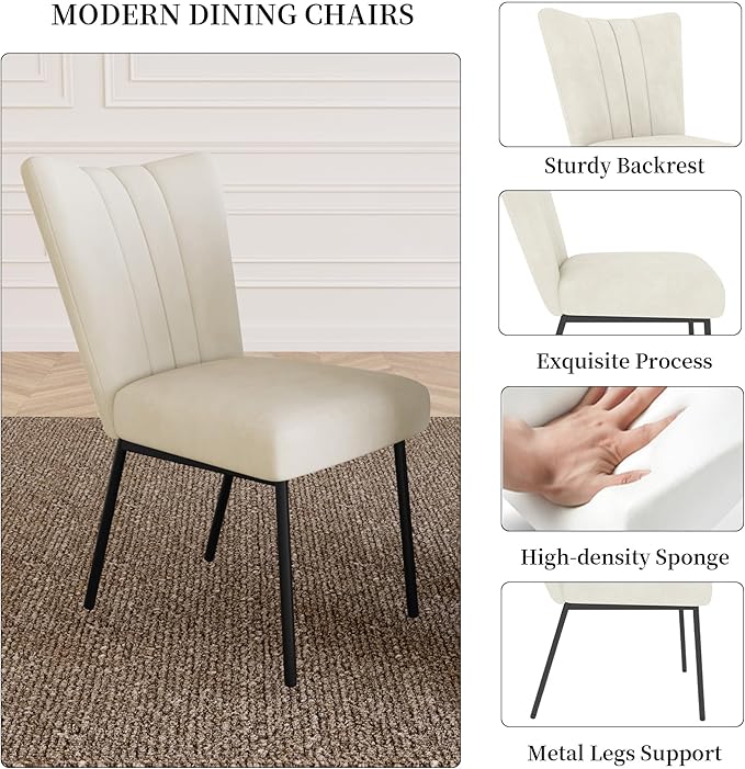 Extendable Dining Table Set for 6-8 People, 63 to 78.7 Inch MDF Kitchen Table with 6 Dining Fabric Chairs, Space-Saving for Dining Room, Breakfast Nook (White Table & 6 Beige Fabric Chairs)