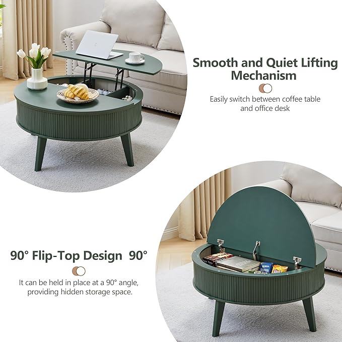 Round Lift Top Coffee Table with Storage, 35.4'' Fluted Wood Center Table Mid Century Modern Coffee Table with Lifting Top for Living Room, Office, Small Space (Green)