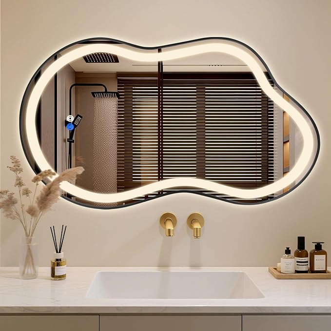 Irregular LED Bathroom Mirror with Lights, Cloud Smart Backlit Mirror, Dimmable Lighted Bathroom Mirror with Anti-Fog, Asymmetrical Vanity Mirror Hangable 2 Ways (Black, 24" x 36", 1 Pack)