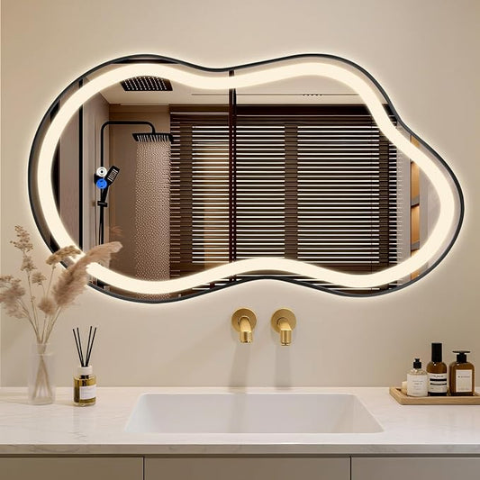 Irregular LED Bathroom Mirror with Lights, Cloud Smart Backlit Mirror, Dimmable Lighted Bathroom Mirror with Anti-Fog, Asymmetrical Vanity Mirror Hangable 2 Ways (Black, 24" x 36", 1 Pack)