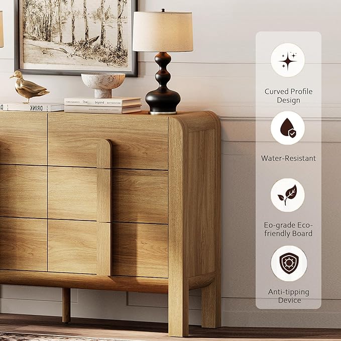 WAMPAT 110.2” W Large Sideboard Buffet Cabinet with Storage,Modern French Kitchen Buffet Cabinet with 12 Drawers,Wood Buffet Table Coffee Wine Bar Console Table for Kitchen,Dining Room,Light Walnut