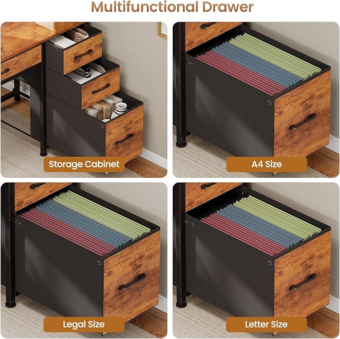SEDETA Computer Desk with 5 Drawers and Bookshelf, Reversible Home Office Desk with Storage Shelves and File Drawer, Gaming Corner Desk with LED Lights for Small Spaces, Rustic Brown