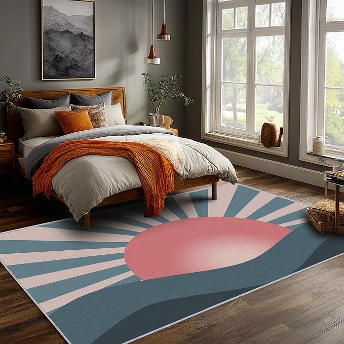 Boho Sun Rugs 3x4, Mid Century Modern Abstract Washable 3 x 4 Area Rug for Living Room, Bedroom, Low Pile Non Slip Stain Resistant Carpet, Mid Century Home Decor Accessories & M861