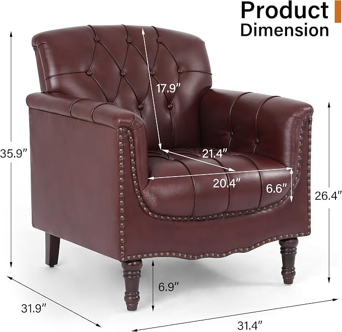 Faux Leather Club Chair, Retro Upholstered Armchair Accent Chair with Solid Wood Legs & Nailhead Trim for Living Room, Bedroom, Reading Room, Dark Red