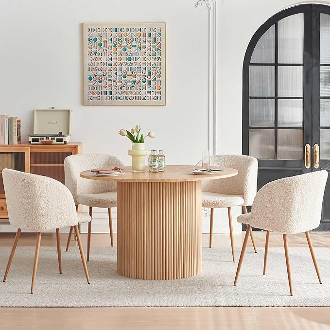 5 Piece Modern Round Dining Table and 4 Off White Barrel Kitchen Chairs Set, 47" Kitchen Table Wooden with Oak Veneer Tabletop, Faux Fur Sherpa Round Dining Chairs Table Set, Metal Frame