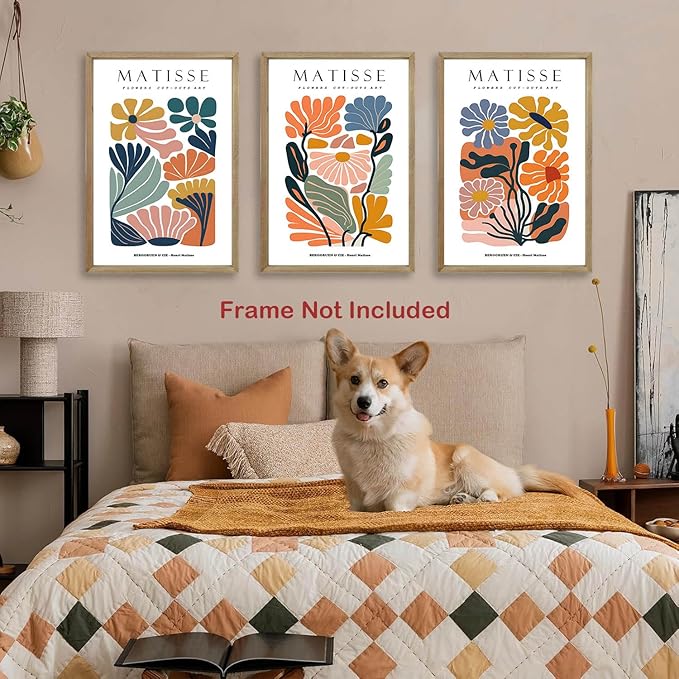 BingruiArt Matisse Wall Art Canvas Colorful Boho Flower Poster Abstract Pictures Set of 3 Minimalist Plant Leaves Painting Prints Decor Aesthetic for Living Room Bedroom Dorm 12"x16" Unframed