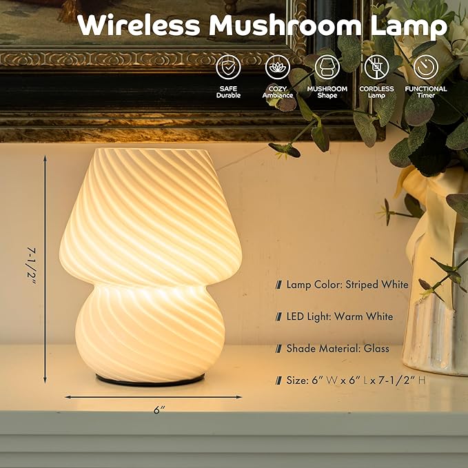 Battery Operated Mushroom Lamp - Vintage Small Table Lamp with Timer, Cordless Bedside Nightstand Lamp, Glass Battery Powered Lamp for Bedroom Kitchen Living Room Shelf Decor Aesthetic White
