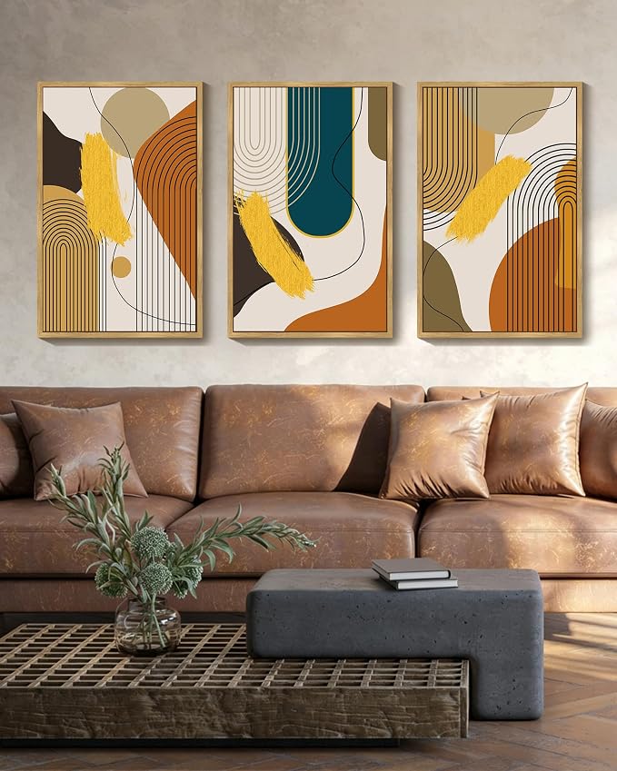 PHOPAGO 24x36in Large Boho Abstract Framed Wall Art Modern Minimalist Luxury Gold Line Artwork Kitchen Dining Room Decor Natural Framed